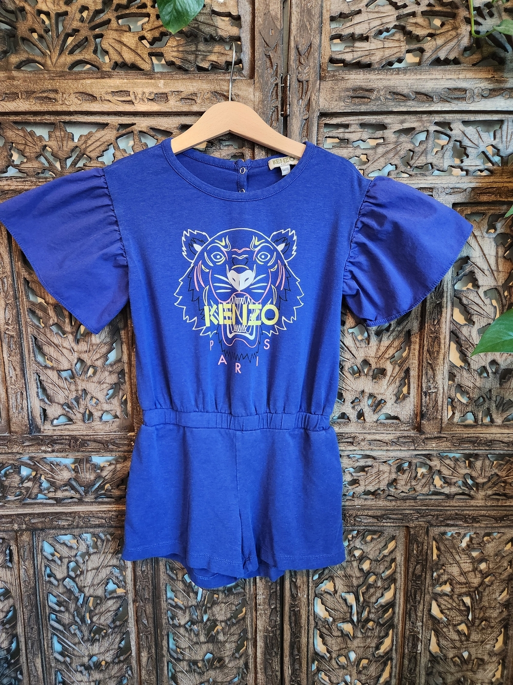 Kenzo Kids Cobalt Blue Tiger Graphic Romper W Ruffle Sleeves. Girl Size 6/7